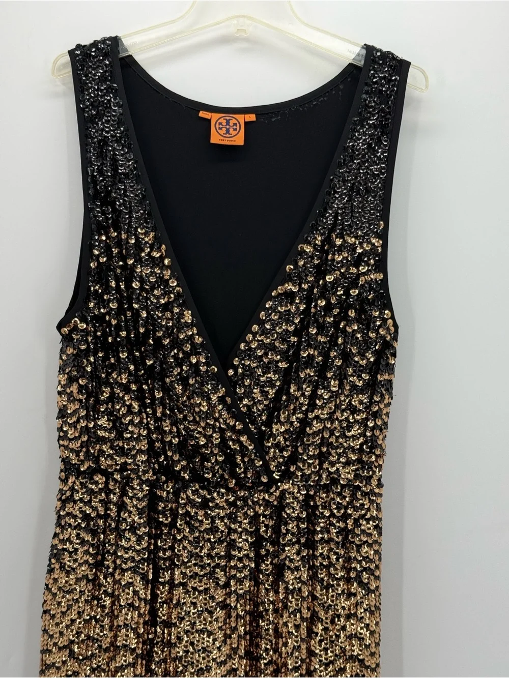 Tory Burch Black Gold Sequin Ombré Sleeveless V-Neck Cocktail Mini Dress SZ-L